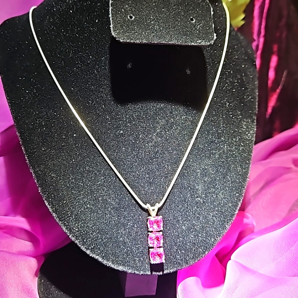 Pink Sapphire 3 Stone Silver Necklace